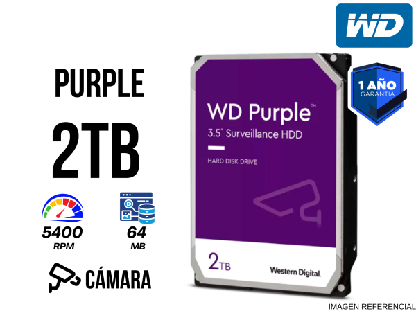 DISCO DURO WESTERN DIGITAL WD PURPLE, 2TB, SATA 6.0 GB/S, 64MB CACHE, 5400 RPM, 3.5".