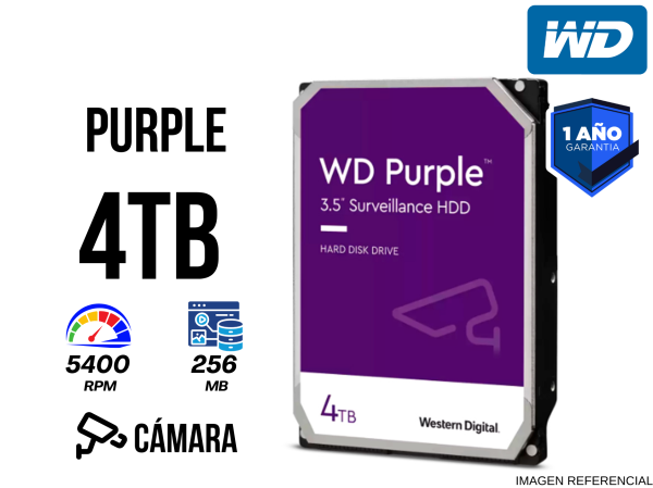 DISCO DURO WESTERN DIGITAL WD PURPLE, 4TB, SATA 6.0 GB/S, 256MB CACHE, 5400 RPM, 3.5".