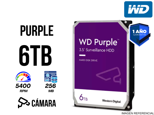 DISCO DURO WESTERN DIGITAL WD PURPLE, 6TB, SATA 6.0 GB/S, 5400 RPM, 256MB CACHE, 3.5".