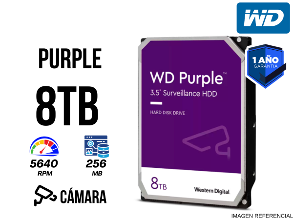 DISCO DURO WESTERN DIGITAL WD PURPLE, 8TB, SATA 6.0 GB/S, 256MB CACHE, 5640 RPM, 3.5"