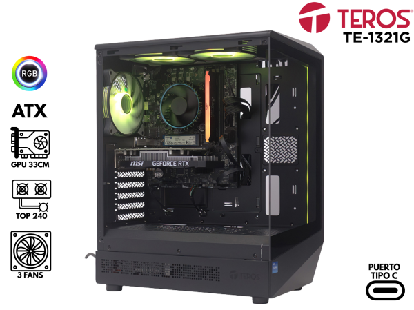 CASE GAMER TEROS TE-1321G, MID TOWER, USB 3.0 / USB 2.0, AUDIO, VENTILADOR ARGB, NEGRO