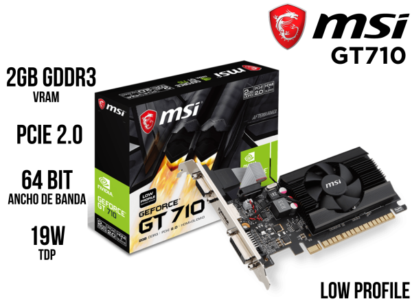 TARJETA DE VIDEO MSI NVIDIA GEFORCE GT 710, 2GB DDR3 64-BIT, PCI-E 2.0, LOW-PROFILE.