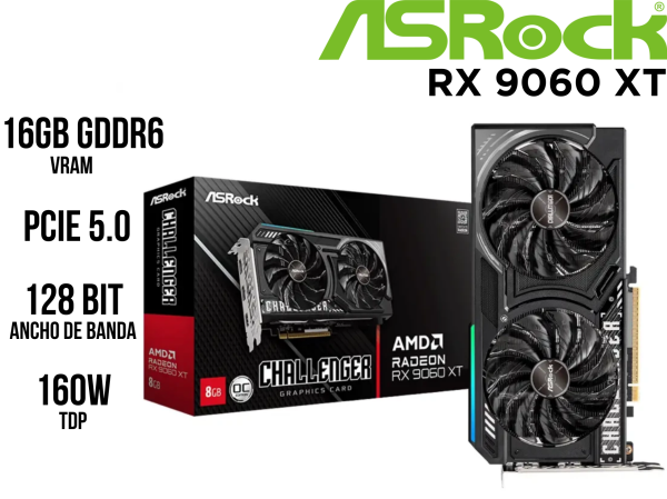 TARJETA DE VIDEO ASROCK AMD RADEON RX 9060 XT CHALLENGER 16GB OC, 16 GB GDDR6, PCI-E 5.0