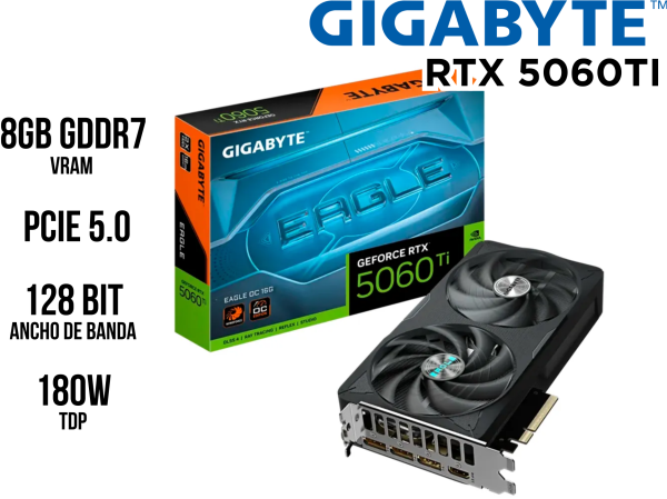 TARJETA DE VIDEO GIGABYTE GEFORCE RTX 5060 TI EAGLE OC 8G, 8 GB GDDR7, PCIE GEN 5.0