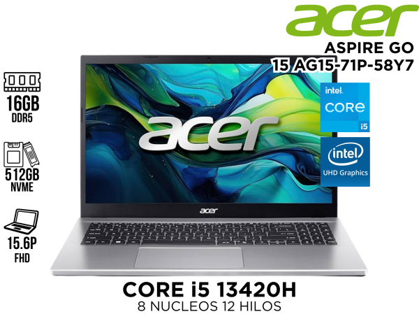 LAPTOP ACER ASPIRE GO 15 AG15-71P-58Y7 INTEL COREI5 13420H 16GB DDR5 512GB 15.6” WIFI6