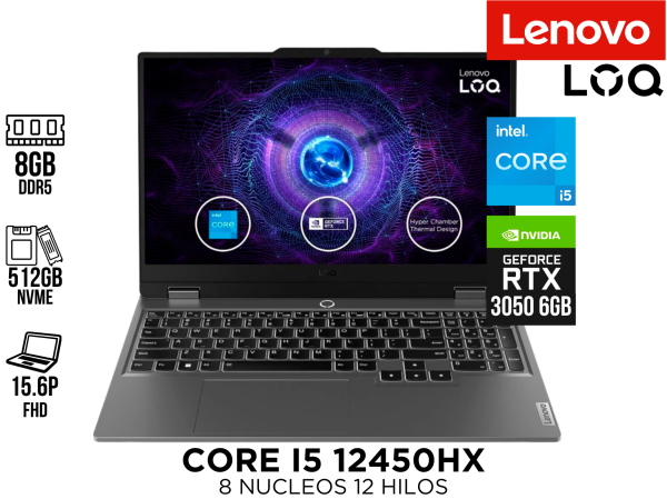 LAPTOP LENOVO ESP LOQ CORE I5 12450HX 8GB DDR5 512GB NVME 15.6 FHD ESPAÑOL RTX 3050 6GB