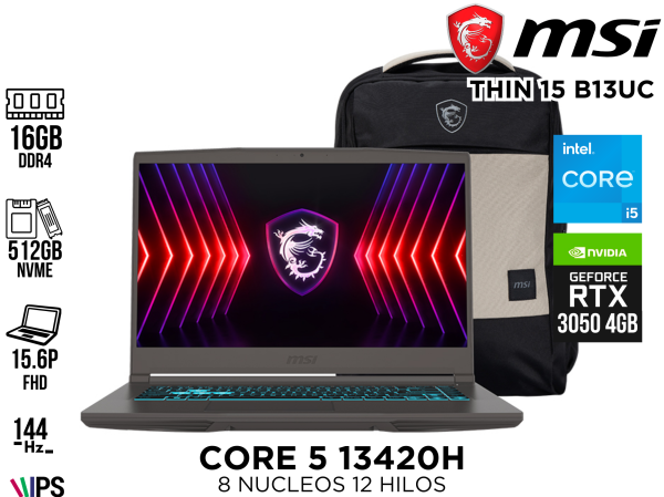 LAPTOP, MSI ESP,THIN 15 B13UC,CORE I5 13420H, 16GB DDR4, SSD 512GB, RTX 3050 4GB + MOCHILA MSI