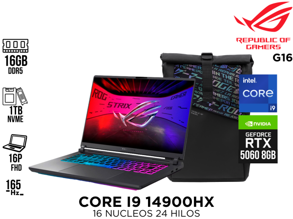 LAPTOP ,ASUS ESP,ROG STRIX G16 ,G615JMR-RV017W CORE I9 14900HX,16GB ,1TB NVME ,16P FHD ,RTX 5060 8GB, 165HZ ,WIN11 MOCHILA