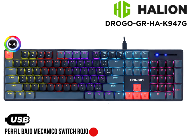 TECLADO MECANICO, GAMER HALION, DROGO-GR-HA-K947G RAINBOW RED SWITCH