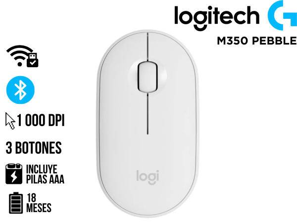 MOUSE, LOGITECH, M350 PEBBLE SILENT WIRELESS/BLUETOOTH WHITE