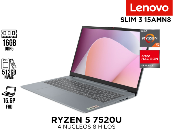 LAPTOP LENOVO IDEAPAD SLIM 3 15AMN8 RYZEN 5 7520U 16GB 512GB 15.6 FHD ESPAÑOL RADEON GRAPHICS 3CELDAS + MALETIN