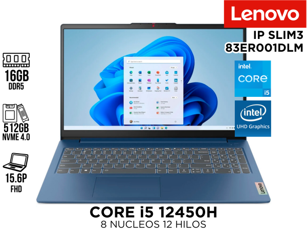 LAPTOP LENOVO IP SLIM3 CORE I5 12450H 16GB 512GB NVME 15.6 FHD ESPAÑOL INTEL IRIS XE 83ER001DLM