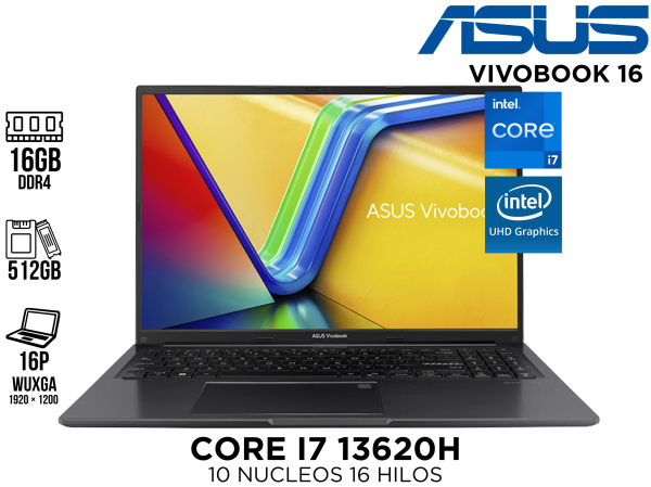 LAPTOP ASUS VIVOBOOK 16 CORE I7 13620H, 16GB RAM, SSD 512GB, 16P WUXGA INDIE BLACK
