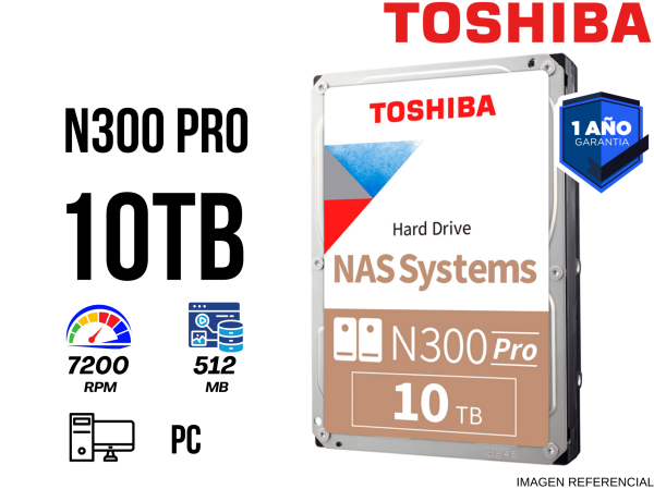 DISCO DURO TOSHIBA N300 PRO NAS, 10TB, SATA 6.0GB/S, 7200RPM, 512MB CACHE, 3.5"