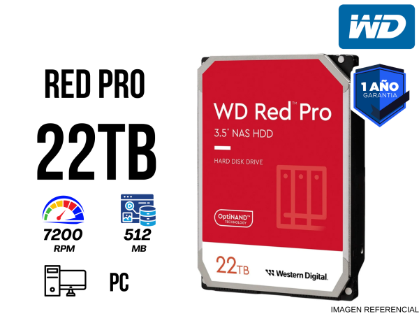 DISCO DURO WESTERN DIGITAL RED PRO WD221KFGX, 22TB, SATA 6GB/S, 3.5" 7200RPM, CACHE 512MB