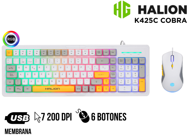 KIT 2 EN 1, HALION, COBRA K425C TRICOLOR 101 TECLAS RAINBOW MOUSE RGB 7200DPI