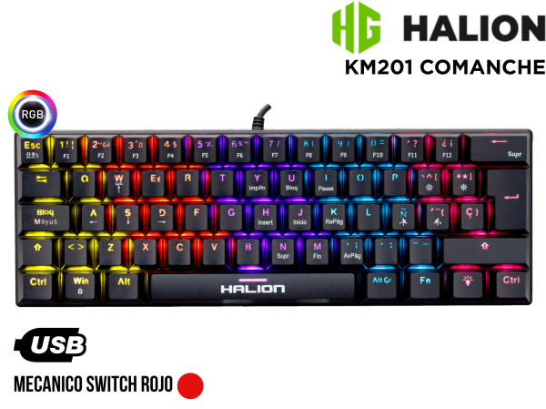 TECLADO, HALION, MECANICO KM201 COMANCHE 62 TECLAS RAINBOW RED SWITCH