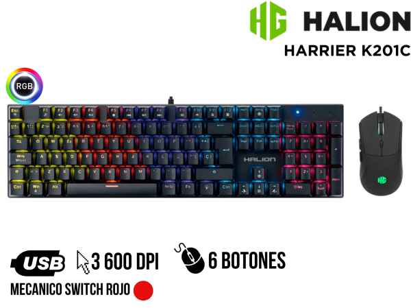KIT 2 EN 1 HALION TECLADO Y MOUSE, HARRIER K201C BK, 7200DPI RAIMBOW