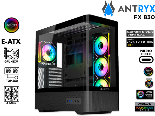 CASE GAMER, ANTRYX, FX 830 BLACK INFINITY ARGB FAN X4 USB TIPO-C
