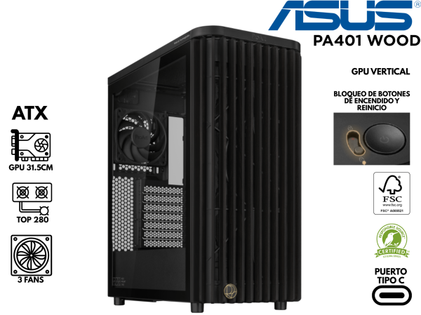 CASE GAMER, ASUS, PA401-BK-WOOD-TG BLACK