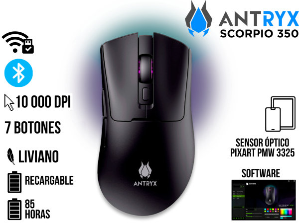 MOUSE GAMING ANTRYX SCORPIO 350, DPI 10000, 2.4GHZ WIRELESS, BT