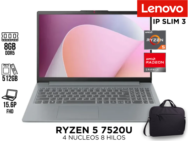 LAPTOP, LENOVO, IP SLIM 3 RYZEN 5 7520U 8GB DDR5 512GB 15.6P FHD + MALETIN