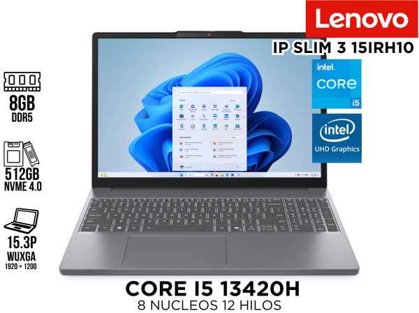 LAPTOP, LENOVO IP SLIM 3 15IRH10, I5 13420H, 8GB DDR5, SSD 512 PCE 4.0 15.3P WUXGA