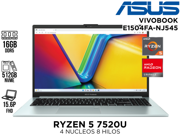 LAPTOP ,ASUS ESP,VIVOBOOK E1504FA-NJ545 ,RYZEN 5 7520U ,16GB DDR5 ,512GB NVME ,15.6 P ESPAÃ‘OL ,V