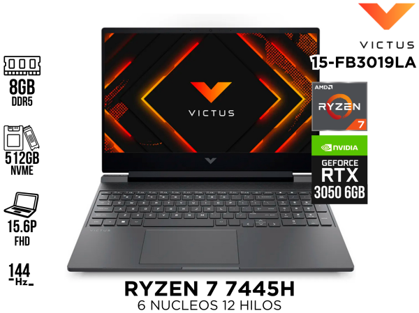 LAPTOP GAMER, HP, VICTUS 15-FB3019LA RYZEN 7 7445HS 8GB DDR5 512GB NVME RTX 3050 6GB 15.6P 144HZ