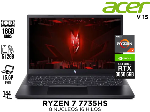 LAPTOP, ACER V 15, RYZEN 7 7735HS, 16GB DDR5, SSD 512GB, RTX 3050 6GB,15.6 144HZ