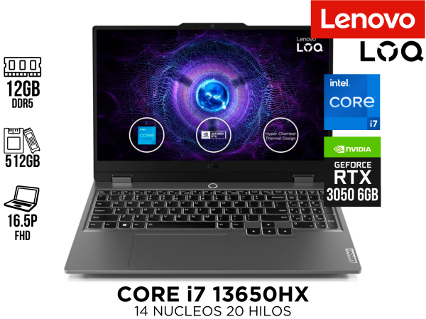 LAPTOP ,LENOVO ESP,LOQ ,CORE I7 13650HX ,12GB ,512GB NVME ,15.6 FHD ESPAÑOL ,RTX 3050 6GB