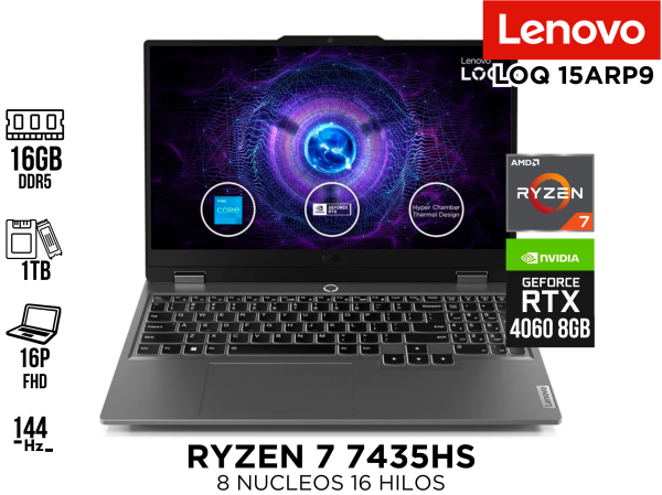 LAPTOP, LENOVO, LOQ 15ARP9 R7 7435HS, 16GB DDR5, SSD 1TB RTX 4060 8GB 16P FHD 144HZ
