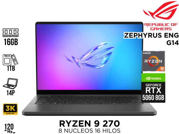 LAPTOP GAMER, ASUS ZEPHYRUS ENG, G14 RYZEN 9 270 16GB 1TB NVME RTX 5060 14P 3K 120HZ W11