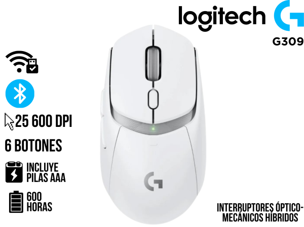 MOUSE LOGITECH G309 LIGHTSPEED WIRELESS/BT 25K DPI LIGHTFORCE WHITE (910-007206)