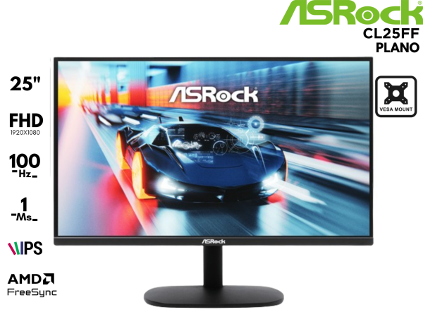 MONITOR GAMER ASROCK 24.5 FHD IPS 100HZ 1MS FREESYNC CL25CFF CHALLENGER