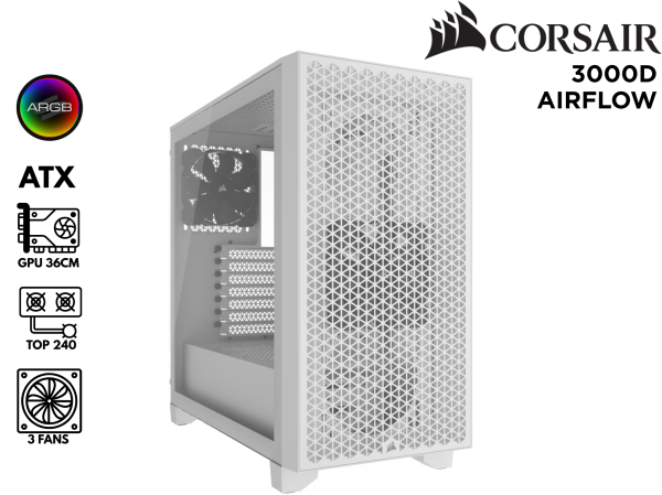 CASE GAMER, CORSAIR, 3000D AIRFLOW 3FAN WHITE