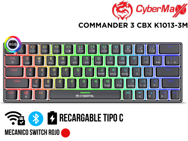 TECLADO,GAMER MECANICO, COMMANDER 3 CBX K1013-3M RGB ,BT, WIFI