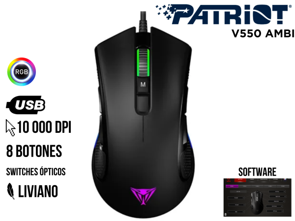 MOUSE GAMER, PATRIOT, V550 FRECUENCIA 100HZ 10000DPI