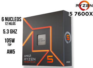 PROCESADOR AMD RYZEN 5 7600X 4.7/5.3GHZ, 32MB L3, 6-CORE, AM5, 5NM, 105W.
