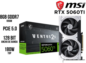 TARJETA DE VIDEO MSI GEFORCE RTX 5060 TI 8G VENTUS 2X OC PLUS, 8 GB GDDR7, PCIE GEN 5.0