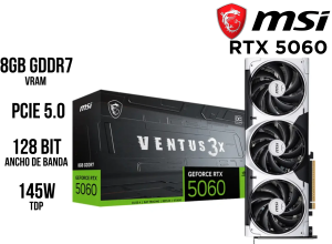 TARJETA DE VIDEO MSI GEFORCE RTX 5060 8G VENTUS 3X OC, 8GB GDDR7, PCIE GEN 5.0 X16 (X8)