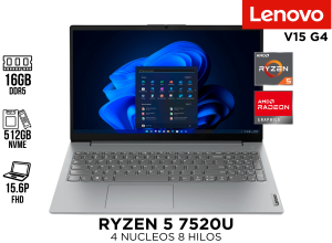 LAPTOP ,LENOVO ,V15 G4 ,RYZEN 5 7520U ,16GB DDR5 ,512GB NVME ,15.6 P ESPAÃ‘OL ,VEGA GRAPHICS