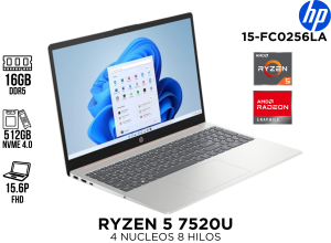 LAPTOP ,HP ,15-FC0256LA,RYZEN 5 7520U ,16GB DDR5 ,512GB PCE 4.0, 15.6P FHD PLATEADA