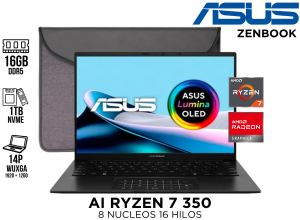 LAPTOP, ESP, ASUS, ZENBOOK, RYZEN AI 7 350, 16GB DDR5X,1TB SSD, 14, LED 14" WUXGA OLED, 4CELDAS