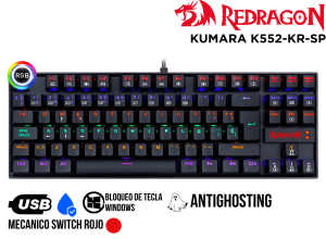 TECLADO, REDRAGON, KUMARA K552-KR-SP BLACK RAINBOW SWITCH RED