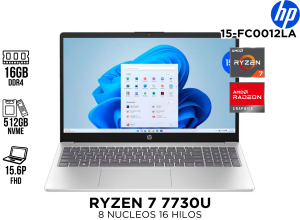 LAPTOP ,HP ,15-FC0012LA ,RYZEN 7 7730U ,16GB DDR4 ,512GB NVME ,15.6P FHD TECLADO ESPAÑOL PLATEADA