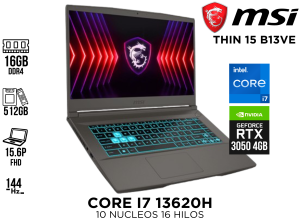 LAPTOP, MSI THIN 15 B13VE,I7 13620H, 16GB DDR4, SSD 512GB, RTX 3050 4G, 15.6P FHD IPS 144HZ TECLADO ESPAÑOL