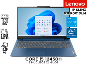 LAPTOP LENOVO IP SLIM3 CORE I5 12450H 16GB 512GB NVME 15.6 FHD ESPAÑOL INTEL IRIS XE 83ER001DLM