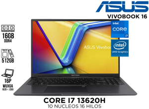 LAPTOP ASUS VIVOBOOK 16 CORE I7 13620H, 16GB RAM, SSD 512GB, 16P WUXGA INDIE BLACK