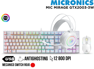 KIT 3 EN 1 GAMING, MIC MIRAGE GTX2003-3W WHITE, RED SWITCH